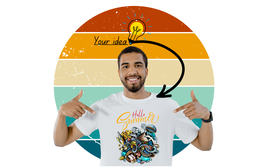 Man pointing to custom t-shirt design that reads "Hello Summer" with colorful ocean-themed artwork, set against a retro rainbow background with lightbulb and arrow labeled "Your idea".