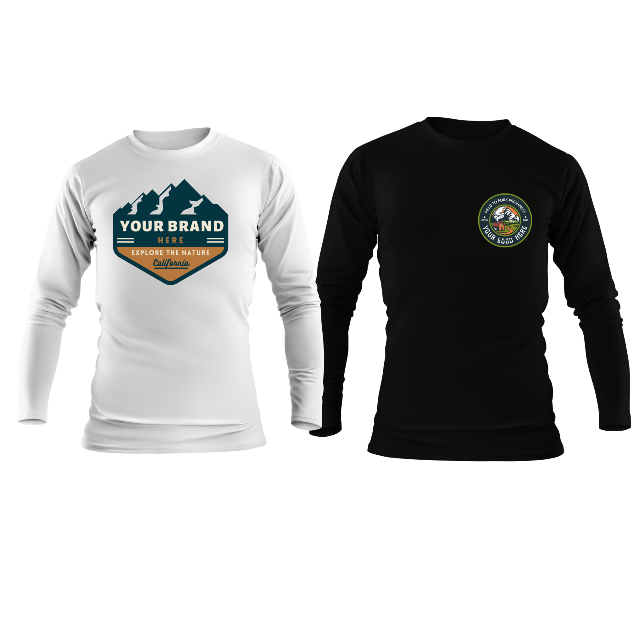 Custom long sleeve shirt mockups featuring a white shirt with a mountain-themed "Your Brand Here" graphic and a black shirt with a circular logo reading "Your Logo Here".