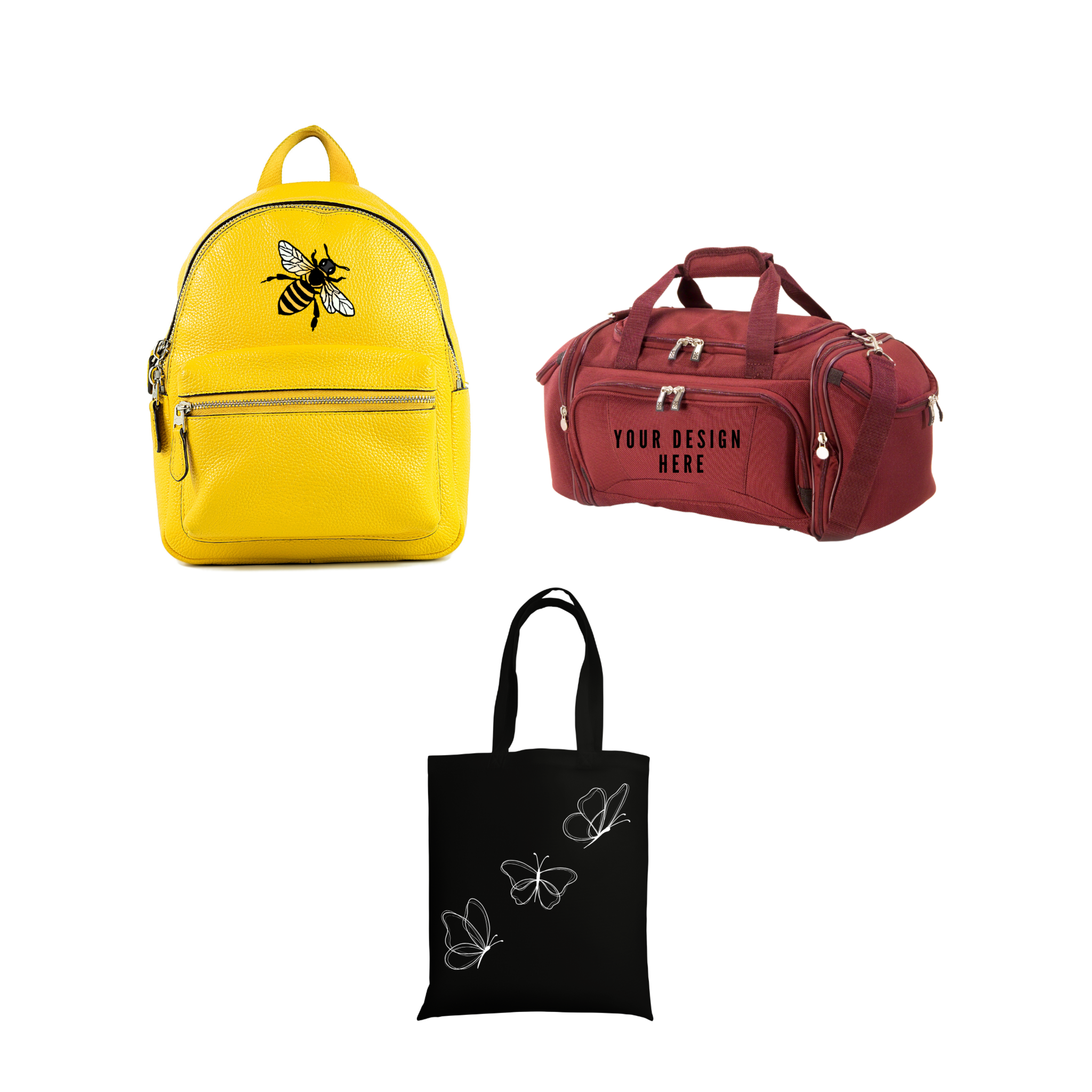 Custom bag mockups featuring a yellow backpack with bee embroidery, a red duffle bag with "Your Design Here" text, and a black tote bag with white butterfly designs.