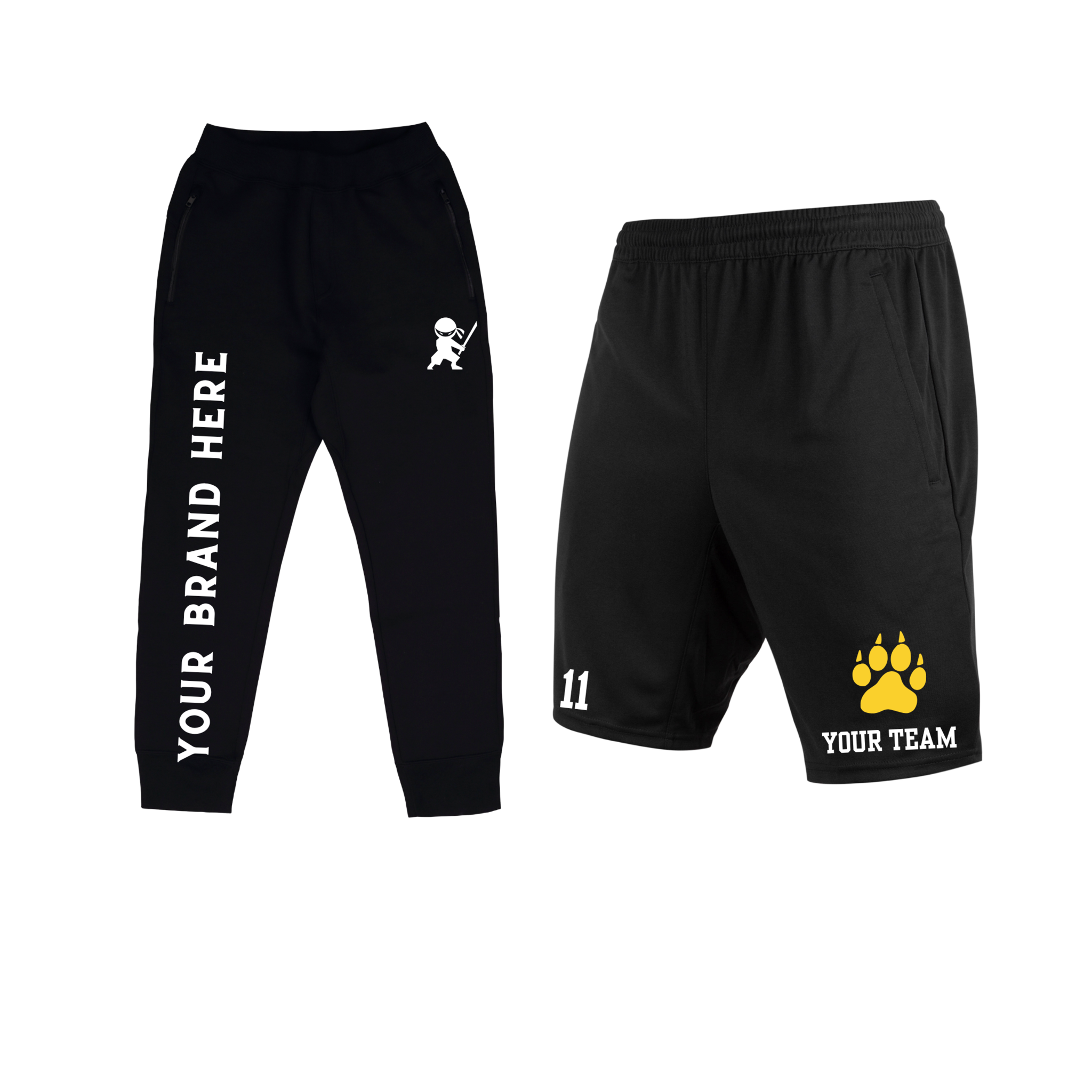 Custom bottoms mockup featuring black sweatpants with "Your Brand Here" vertical text and a small graphic, and black athletic shorts with number 11 and a yellow paw print logo reading "Your Team".