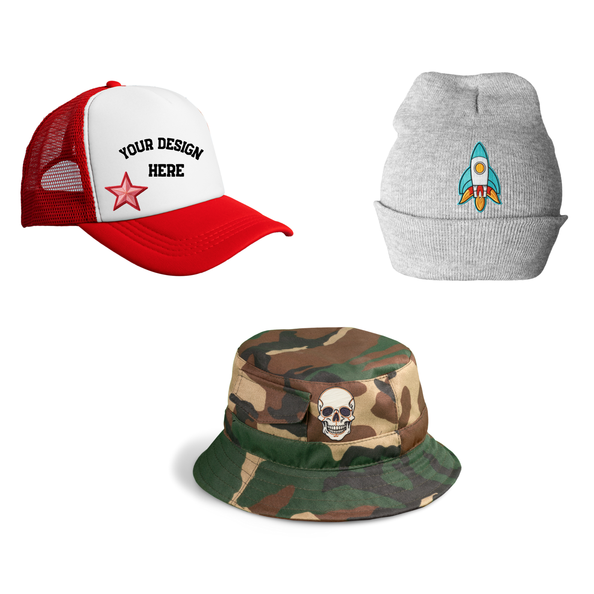 Custom hat mockups including a red and white trucker cap with "Your Design Here" text and star graphic, a gray beanie with a rocket design, and a camo bucket hat with skull patch.