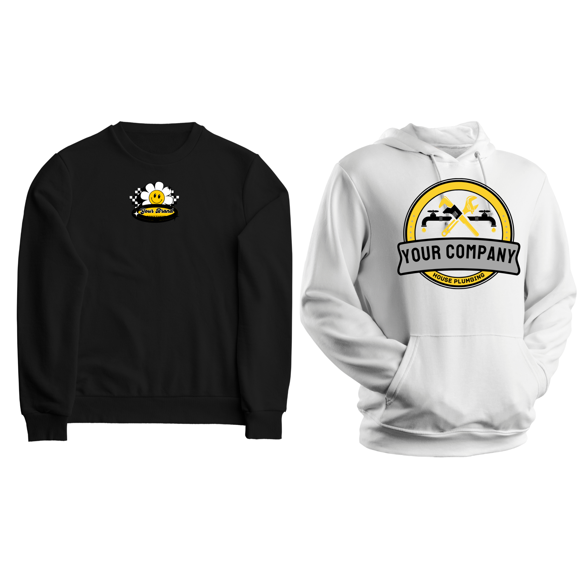 Custom apparel mockups featuring a black crewneck sweatshirt with a daisy-themed "Your Brand" graphic and a white hoodie with a circular plumbing-themed "Your Company" logo.