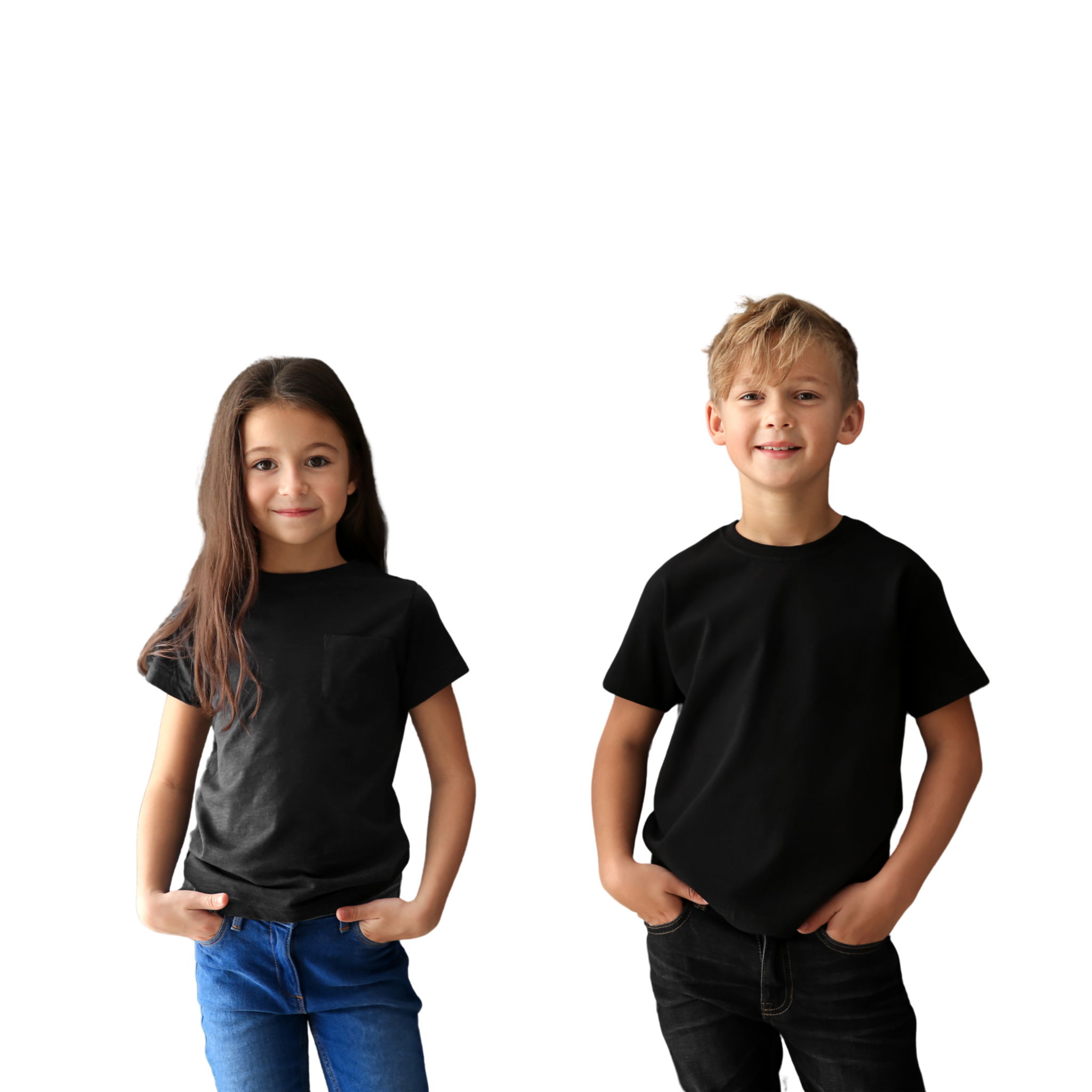 Two children wearing black t-shirts and jeans, standing side by side and smiling confidently.