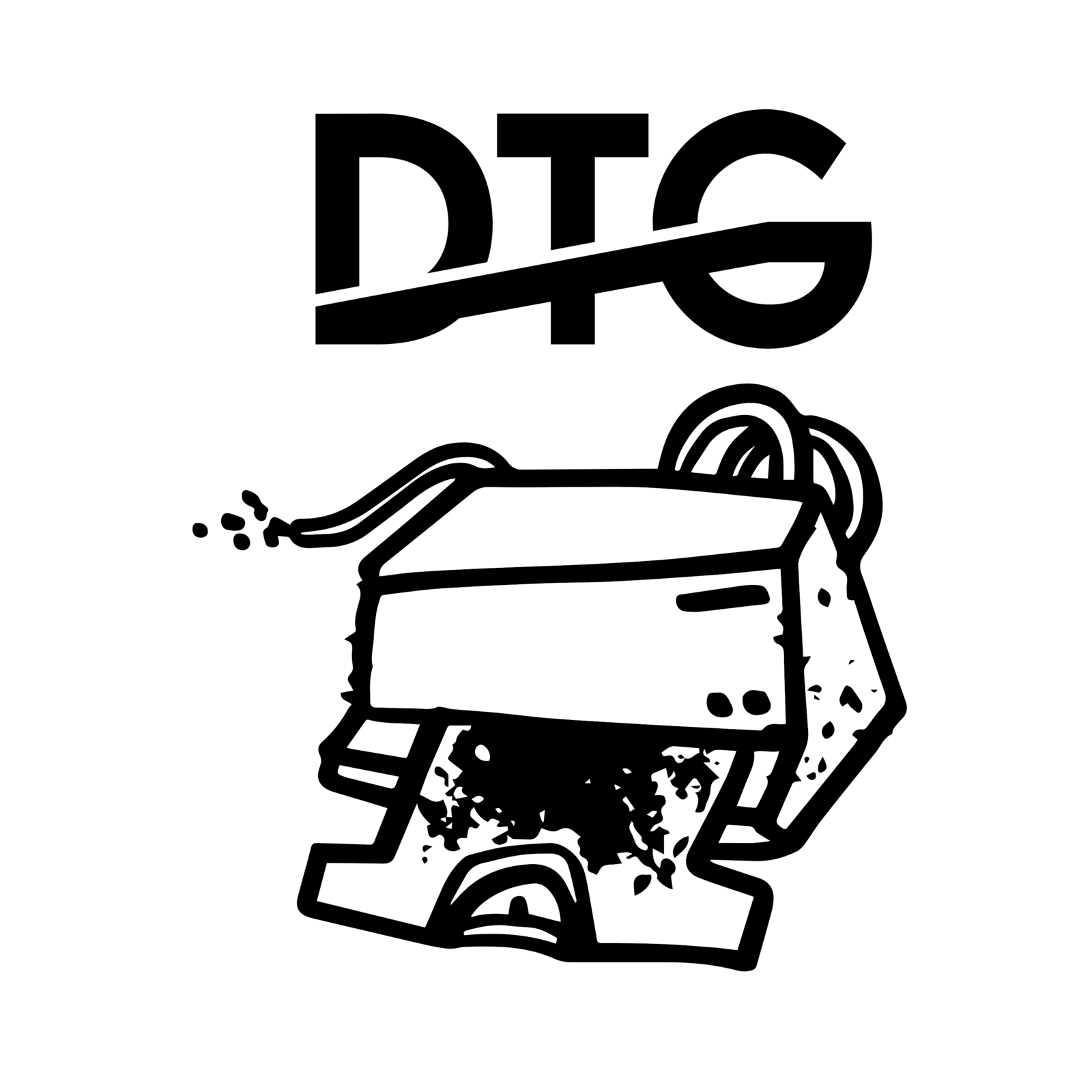 Black and white DTG logo with stylized direct-to-garment printer icon and ink splatter effect.