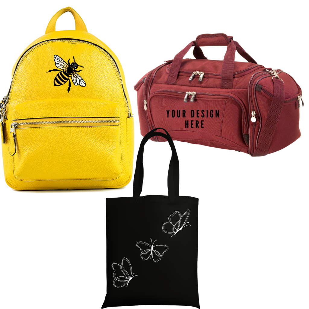 A yellow backpack with a bee graphic design on it. A red duffle bag with your design here on the front of it. A black tote bad with butterflies on it.