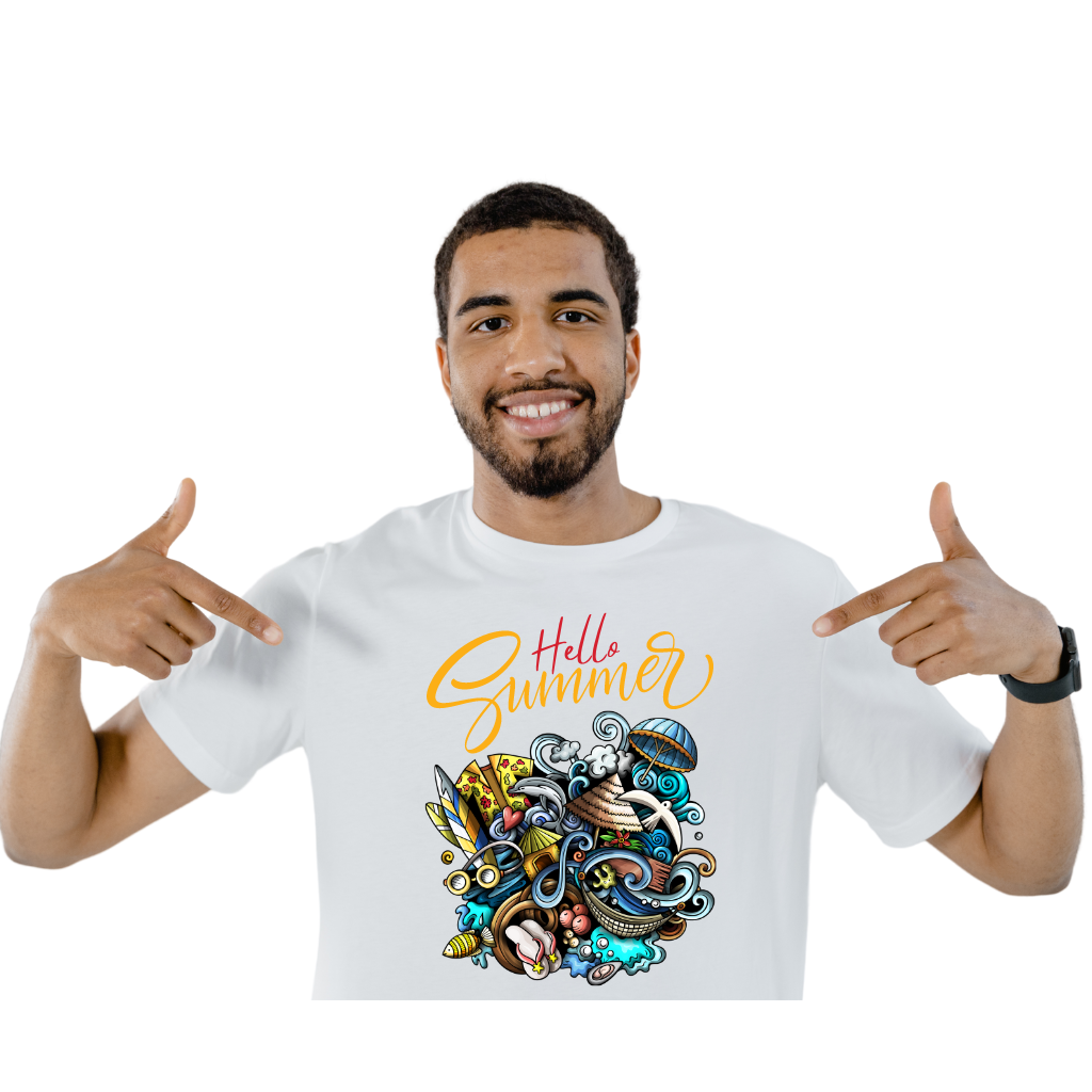 A man wearing a custom white, short sleeve t-shirt. He is pointing towards the graphic design on his shirt