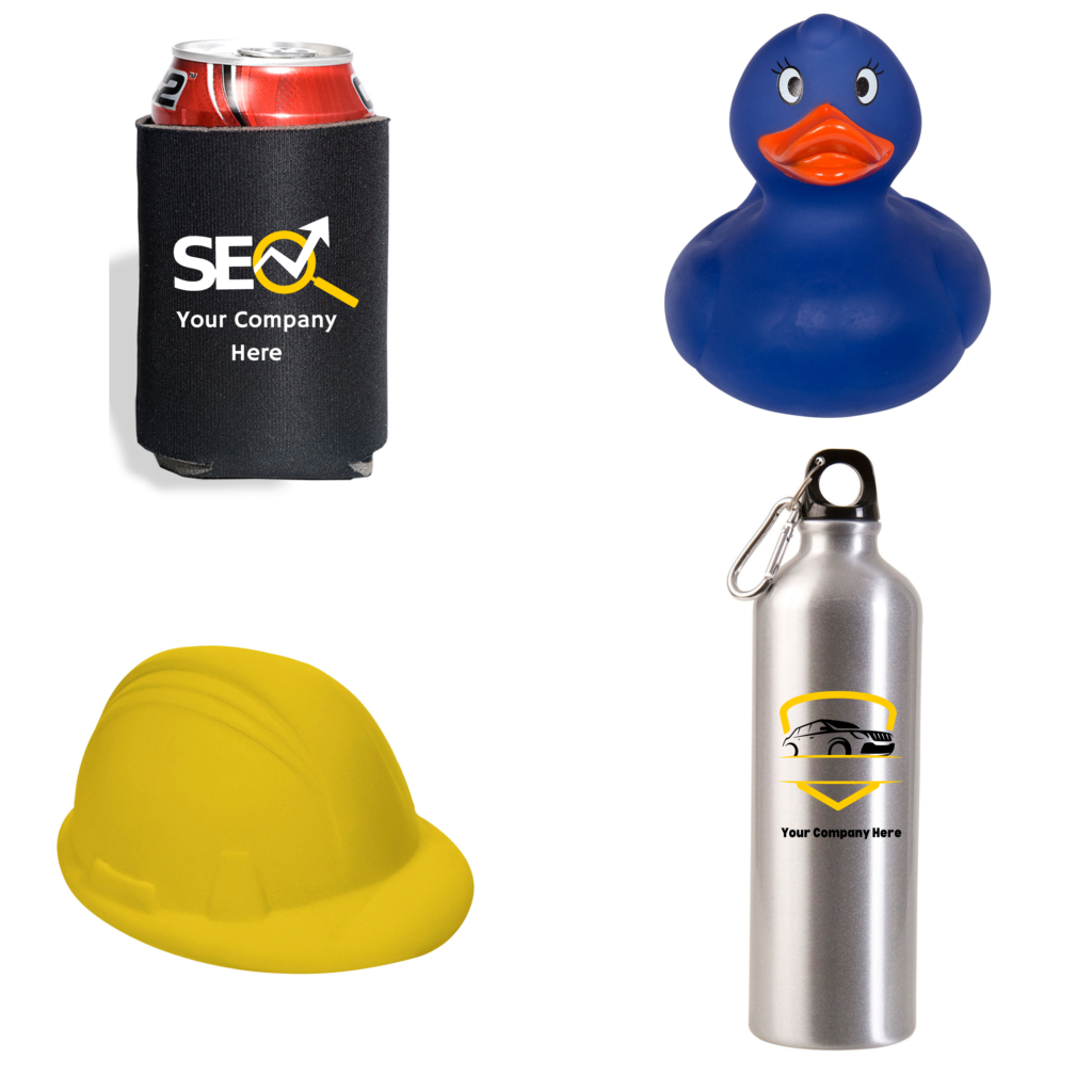 Hard goods with a yellow construction hat stress reliever, a rubber duck, a coolie or koozie, and drinkware