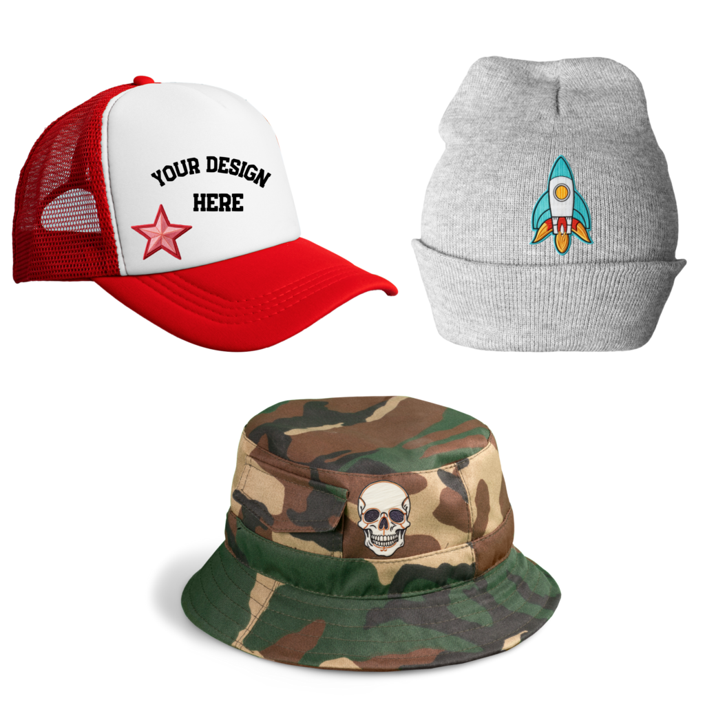 A red and white trucker hat with a star with Your Design Here written across the panel. A grey beanie with a spaceship on it. A camouflaged bucket hat with a skull design on it.