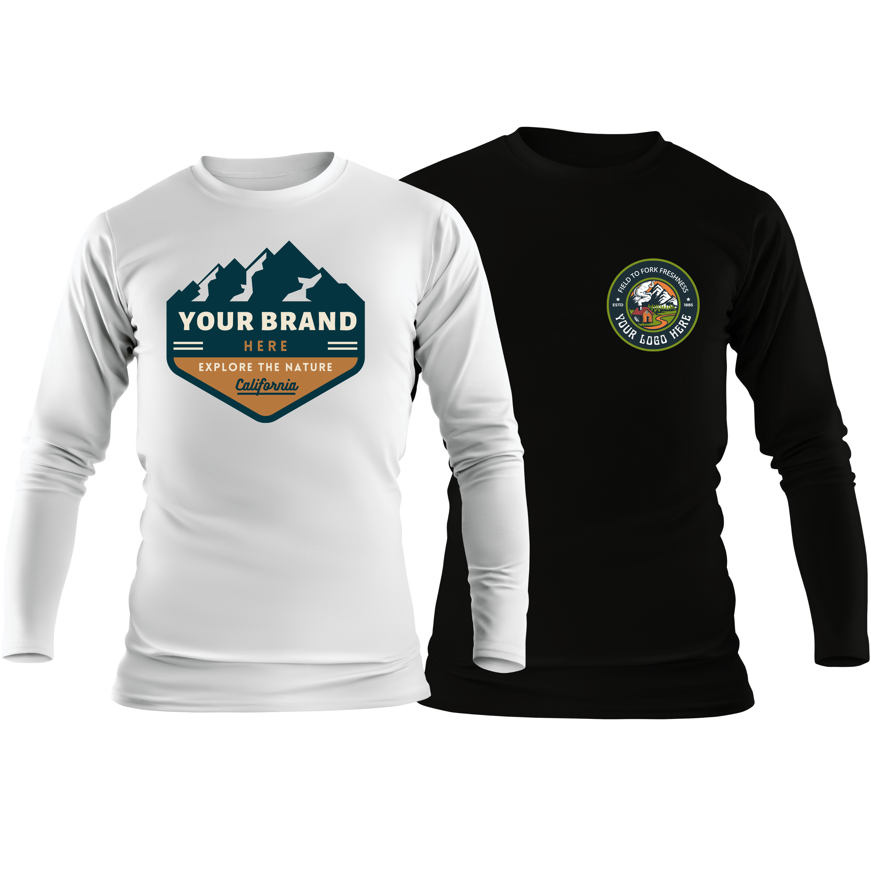 A white long sleeve t shirt with a design on the front of it. A black long sleeve t shirt with a graphic design on the left chest area.