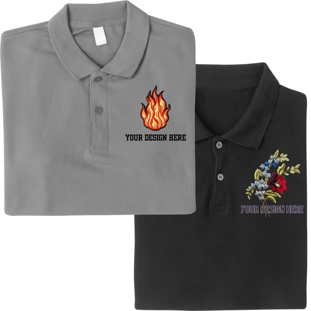 A grey polo with a flame embroidered design on it. A black polo with a flower embroidery design on it.