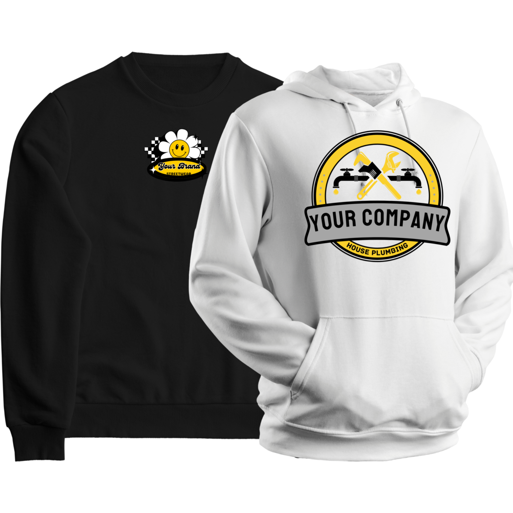 A black crewneck sweatshirt with a design on the center chest. A white hoodie with a logo on the front of it.