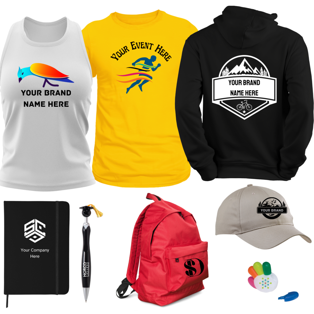 A white tank top with a colorful bird graphic design on the front of it. A yellow short sleeve t-shirt with a graphic design on it. The back of a black hoodie with a logo on it. A journal with a pen. A red backpack. A gray hat.