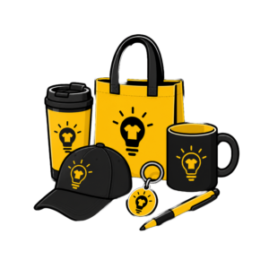 Custom promotional products including drinkware, bags, office supplies, and branded merchandise.