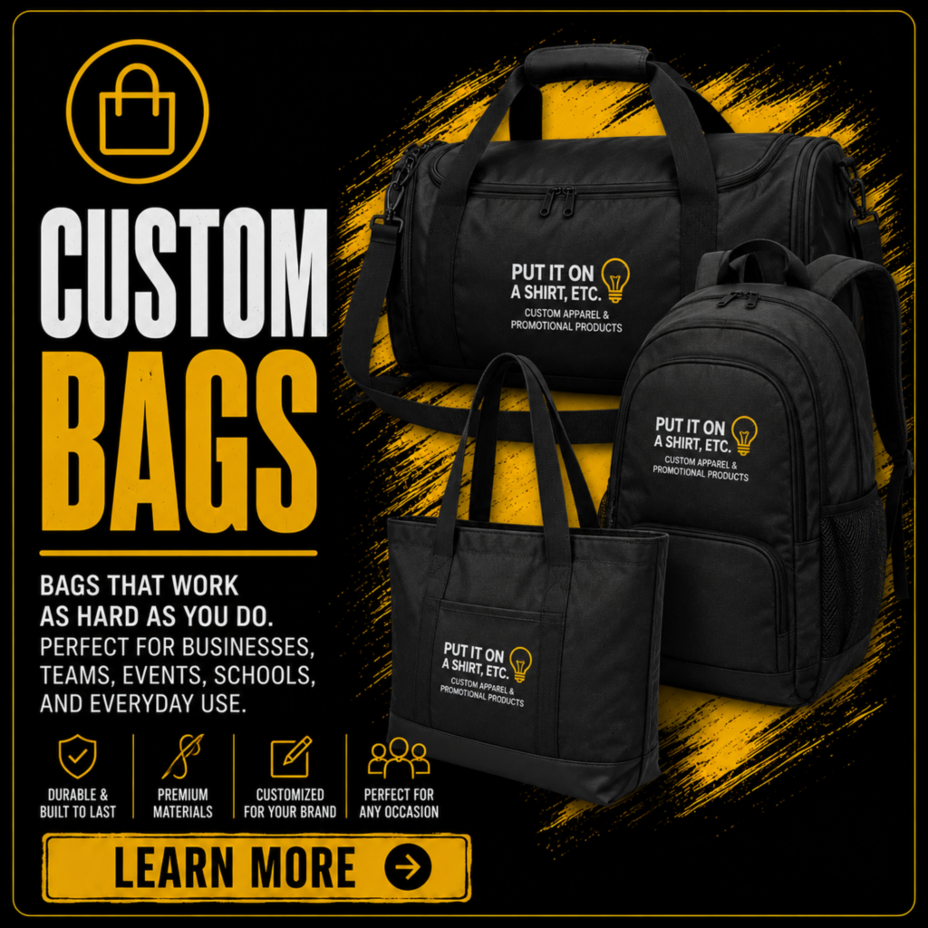 Custom backpacks, tote bags, duffel bags, and branded bags for businesses, schools, organizations, and promotional events.