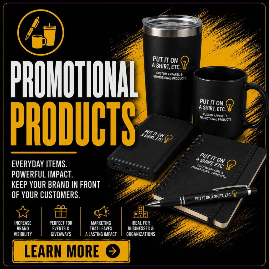 Custom promotional products including tumblers, notebooks, pens, power banks, and branded marketing merchandise.